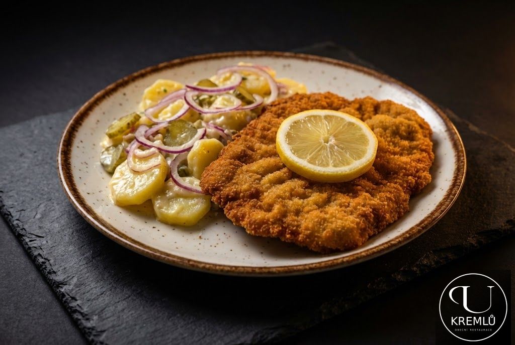 150g Smažený kuřecí řízek, lehký bramborový salát bez majonézy